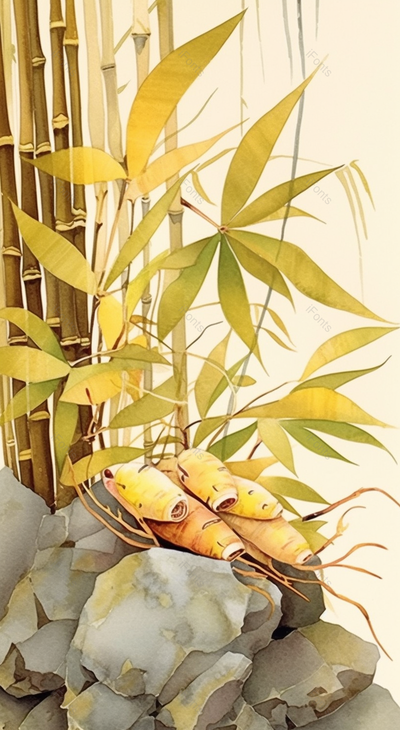 秋天季节竹林竹子旁边石块上放着的山药手绘插画,插画/手绘图,插画/手绘图库,插画/手绘图下载,插画/手绘